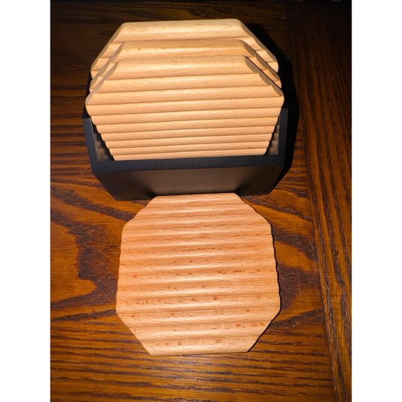 Hotel Collection Set of 4 Fluted Beach Wood Coasters and Holder, NIB - Picture 4 of 5